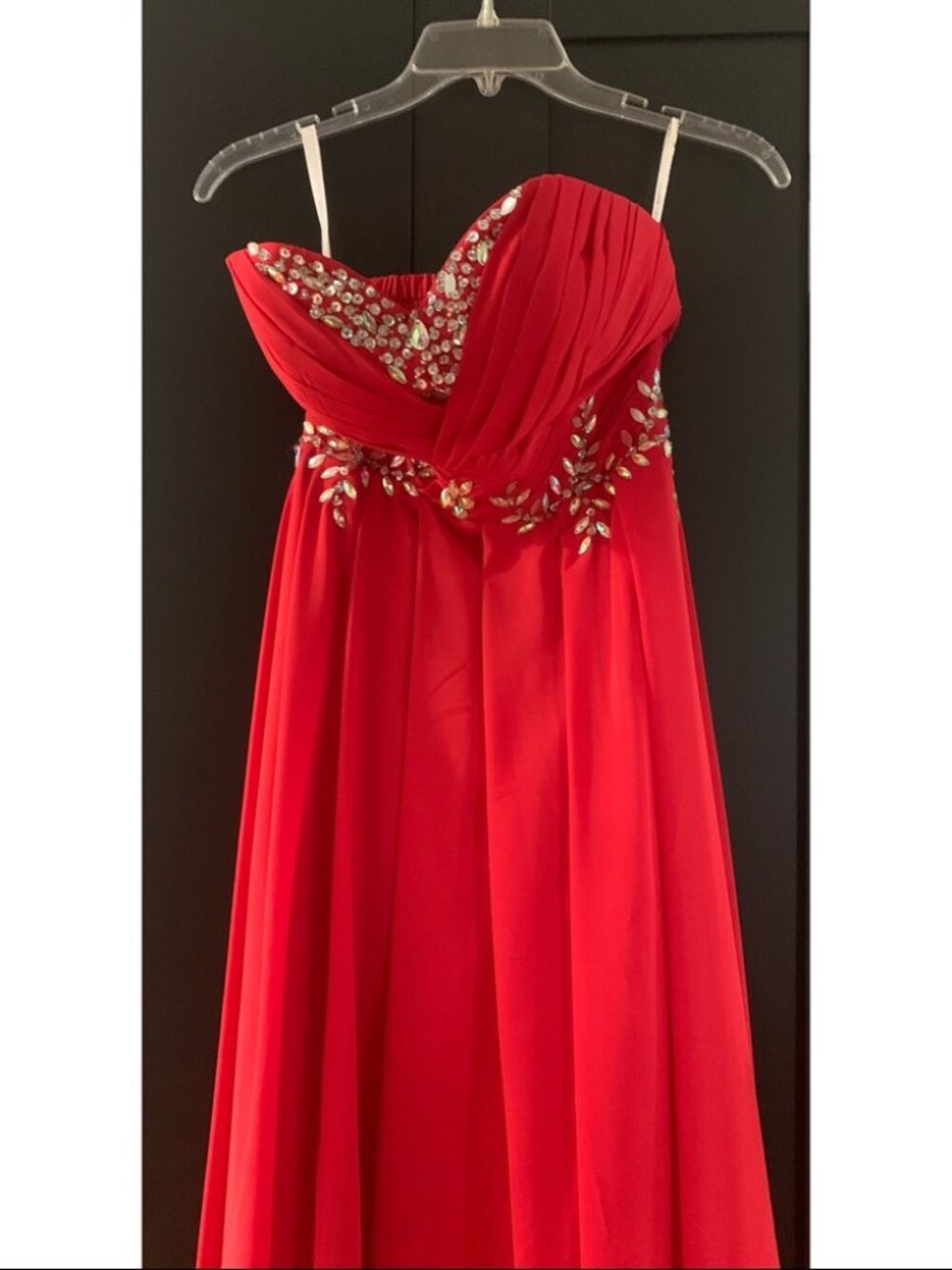 Long Red Formal Strapless Jeweled Dress Gown - Picture 4 of 12